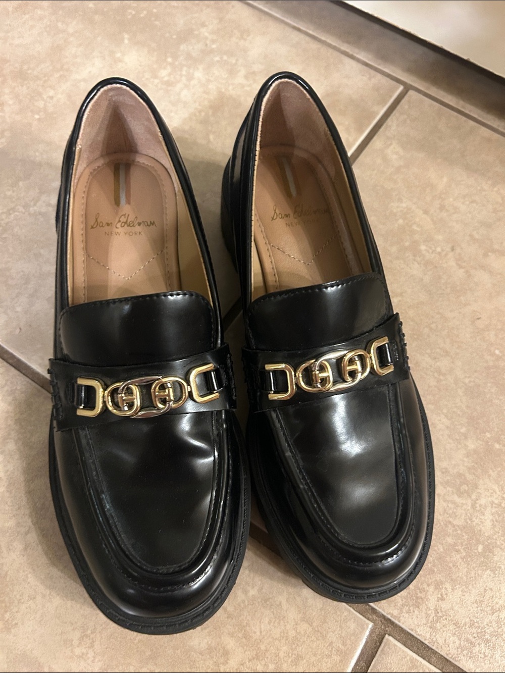 Sam Edelman Teagan Black Leather Loafers with Gold Chain Accent